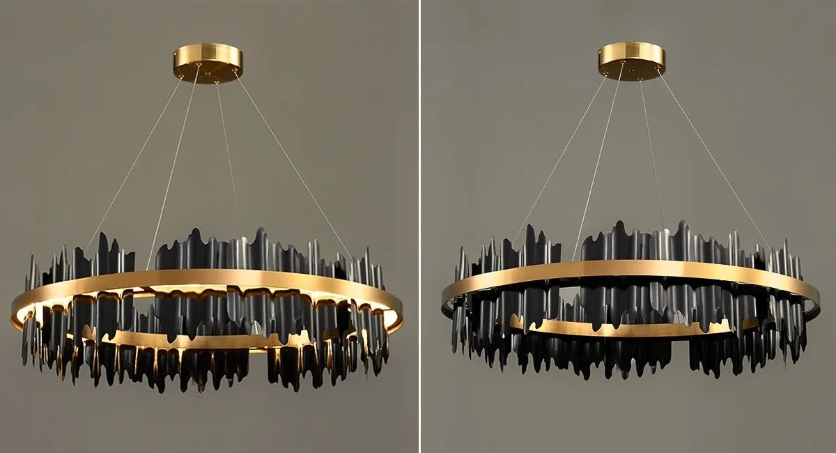 Chandelier with gold and black design on a gray background