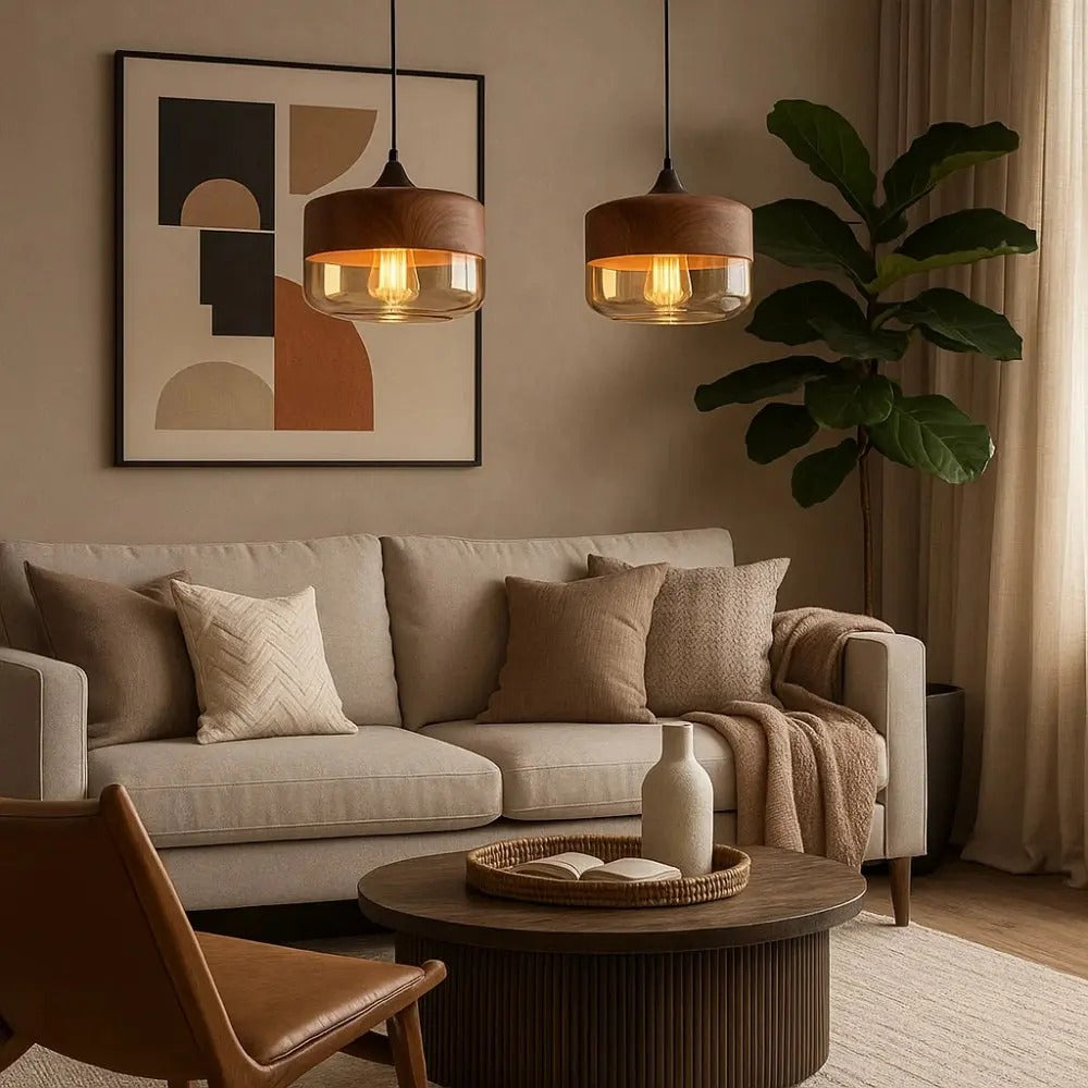 Cozy living room with beige sofa, wooden coffee table, and pendant lights.