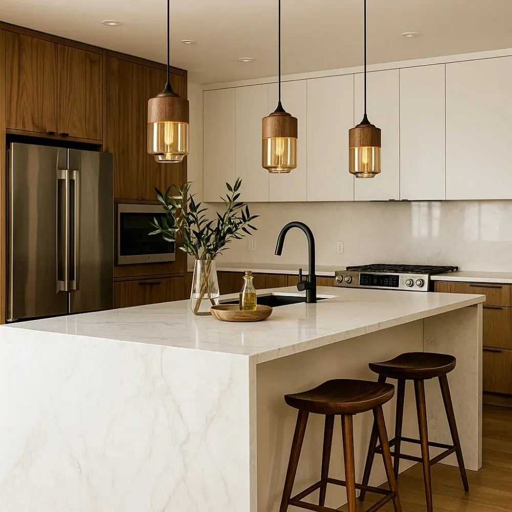 Modern kitchen with marble island, wooden stools, and pendant lights.