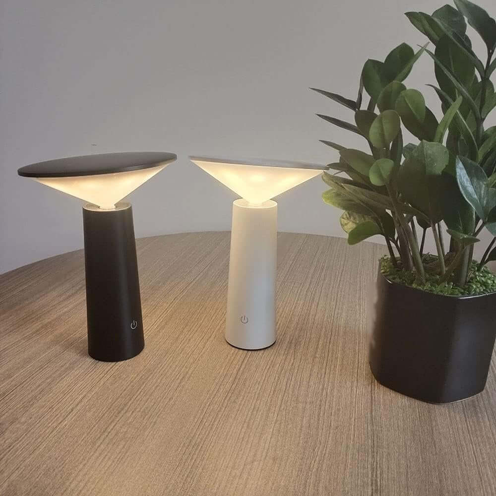 Rivo cordless table lamp in black and white on a wooden table with a potted plant for modern ambiance.