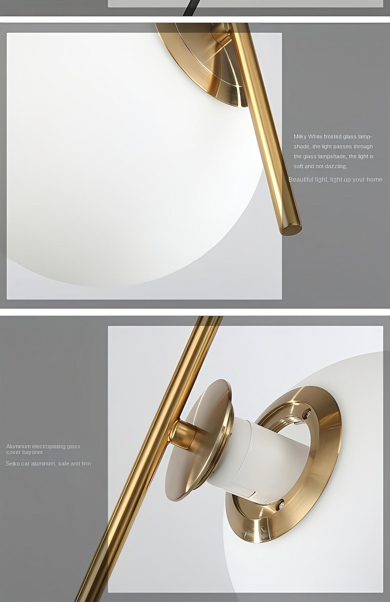 Wall-mounted light fixture with gold finish and white shade on a gray background