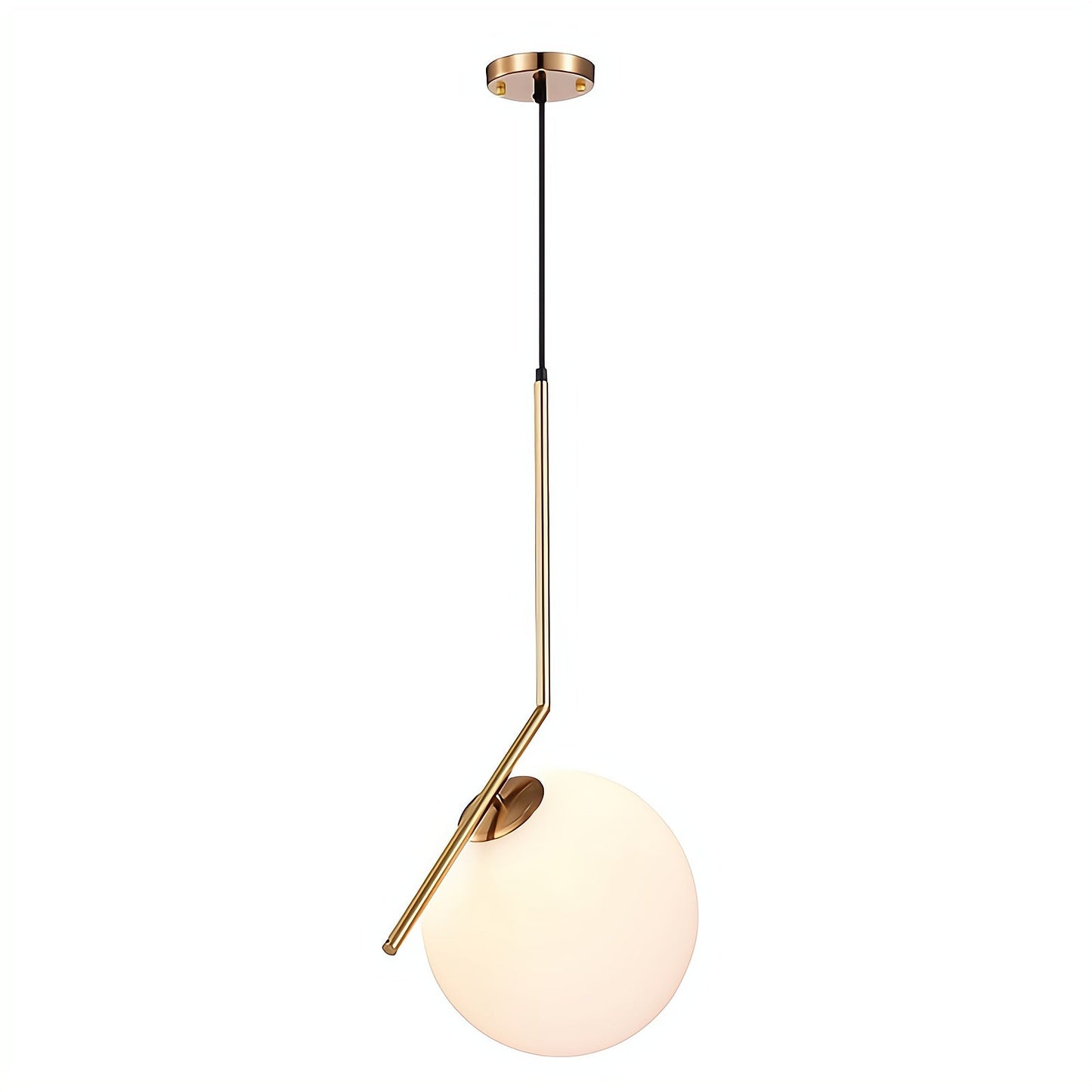 Modern pendant light with gold fixture and white glass shade on a white background