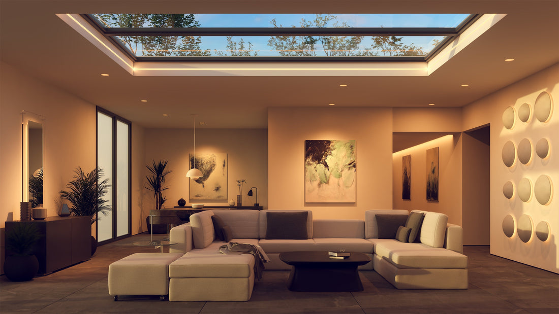 Wide living room at night with multiple soft light sources creating a calm, balanced evening atmosphere.