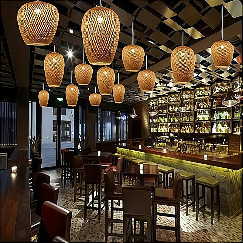 Interior of a restaurant with wooden pendant lights, tables, and chairs.