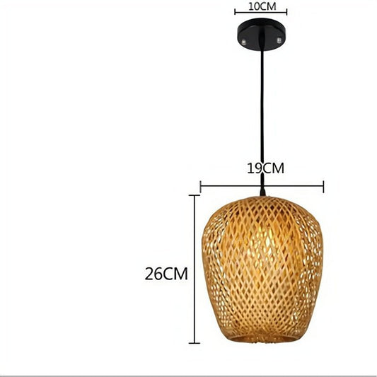 Woven pendant light with dimensions on a white background