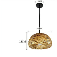 Woven pendant light with dimensions on a white background