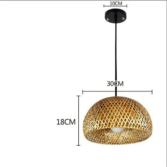 Woven pendant light with dimensions on a white background
