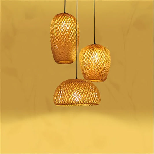 Three woven pendant lights on a yellow background