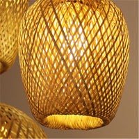 Woven bamboo lampshades on a brown background