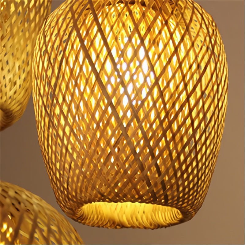 Woven bamboo lampshades on a brown background