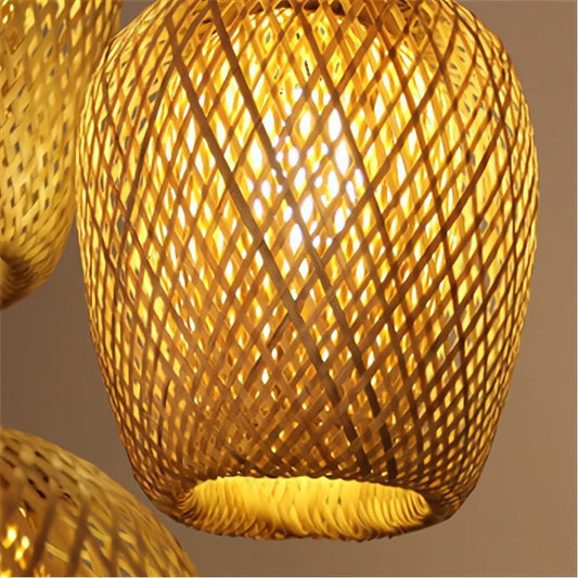 Woven bamboo lampshades on a brown background