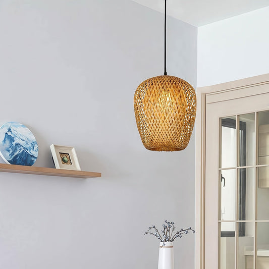 Woven pendant light hanging in a room with a neutral color scheme.