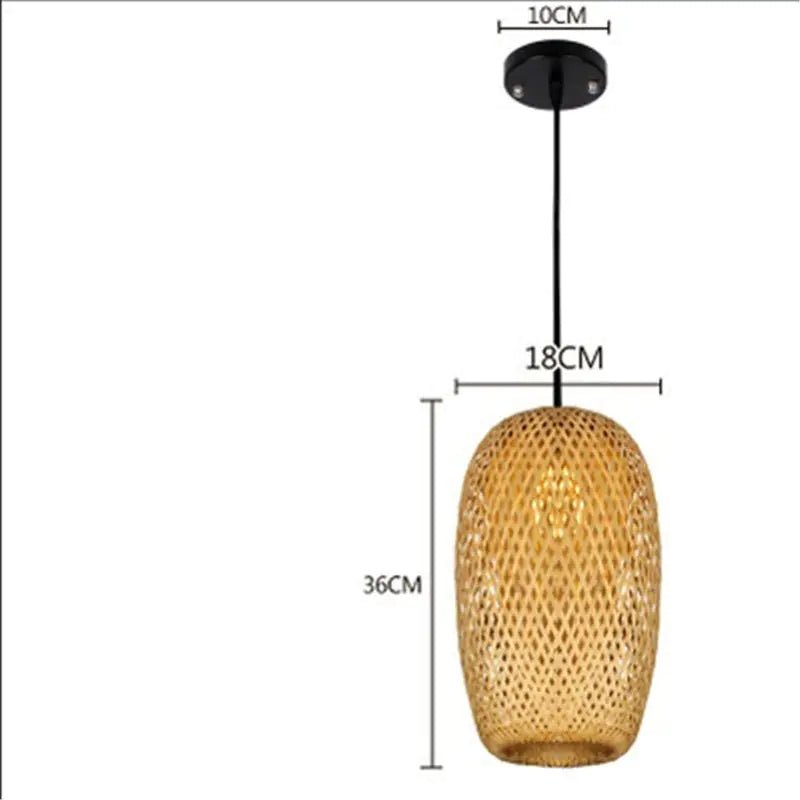 Woven pendant light with dimensions on a white background