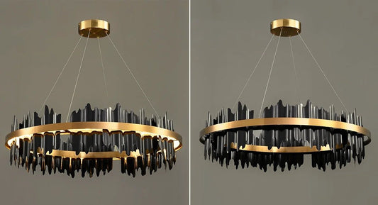 Chandelier with gold and black design on a gray background