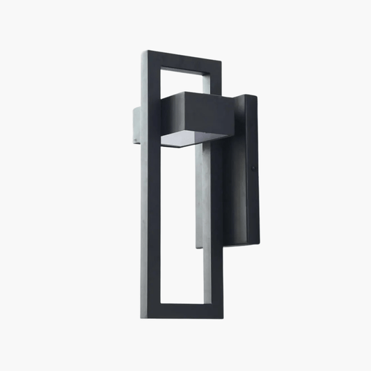 Black outdoor wall light fixture on a white background