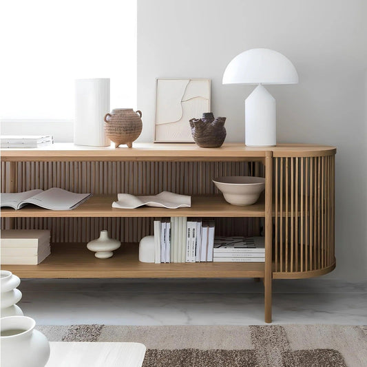 Wooden shelf with decorative items in a minimalistic room