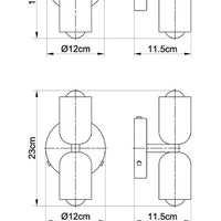 Technical drawing of a cylindrical light fixture with dimensions and bulb information.