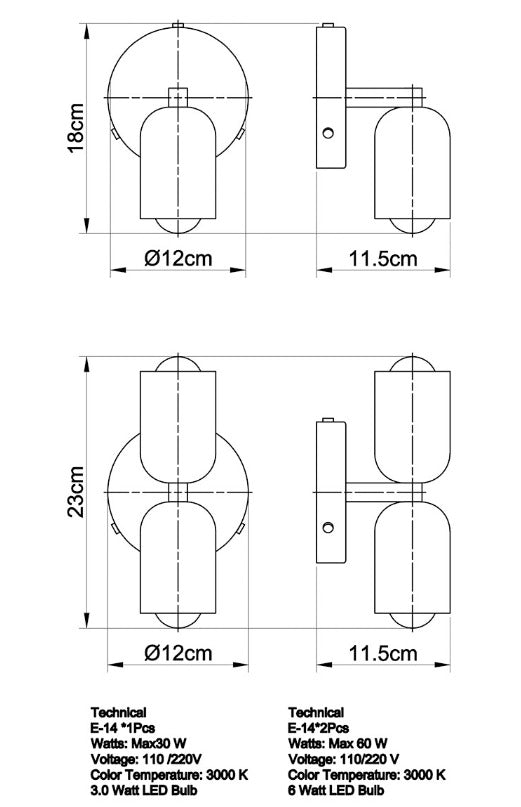 Technical drawing of a cylindrical light fixture with dimensions and bulb information.