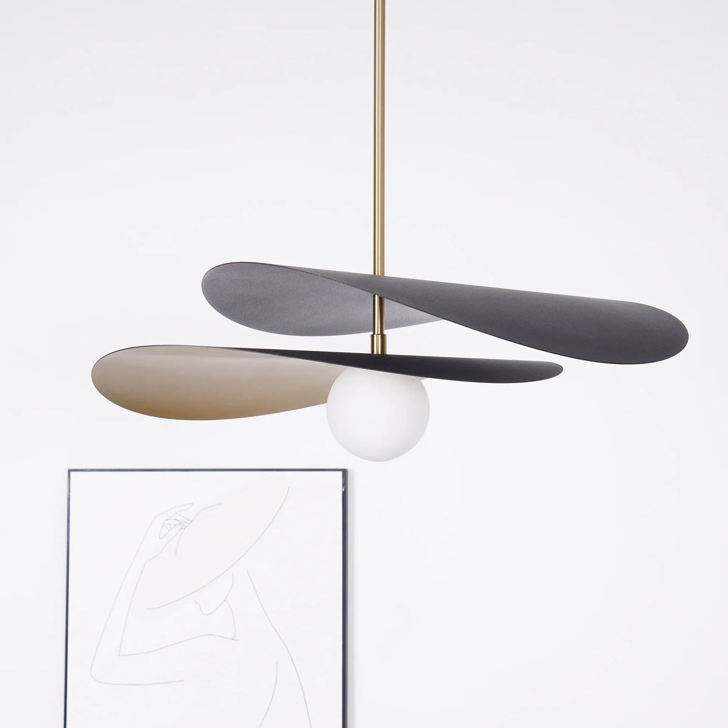 Olivia Pendant Light with frosted glass globe and modern brass finish 