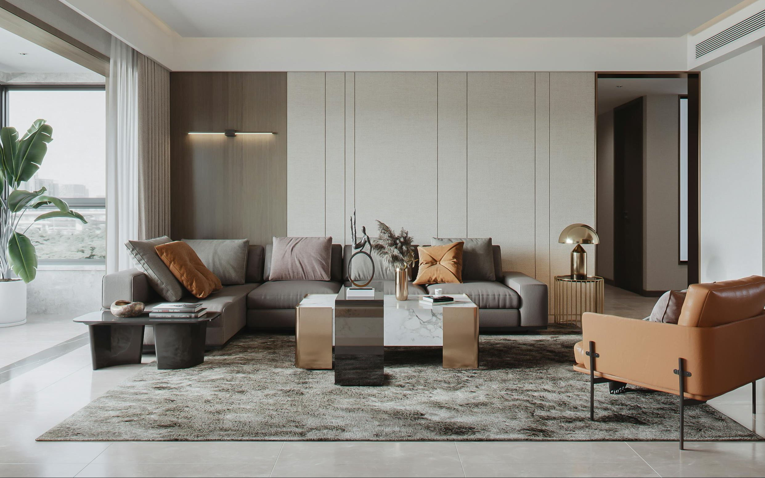 Modern living room with a sectional sofa, armchair, and coffee table.