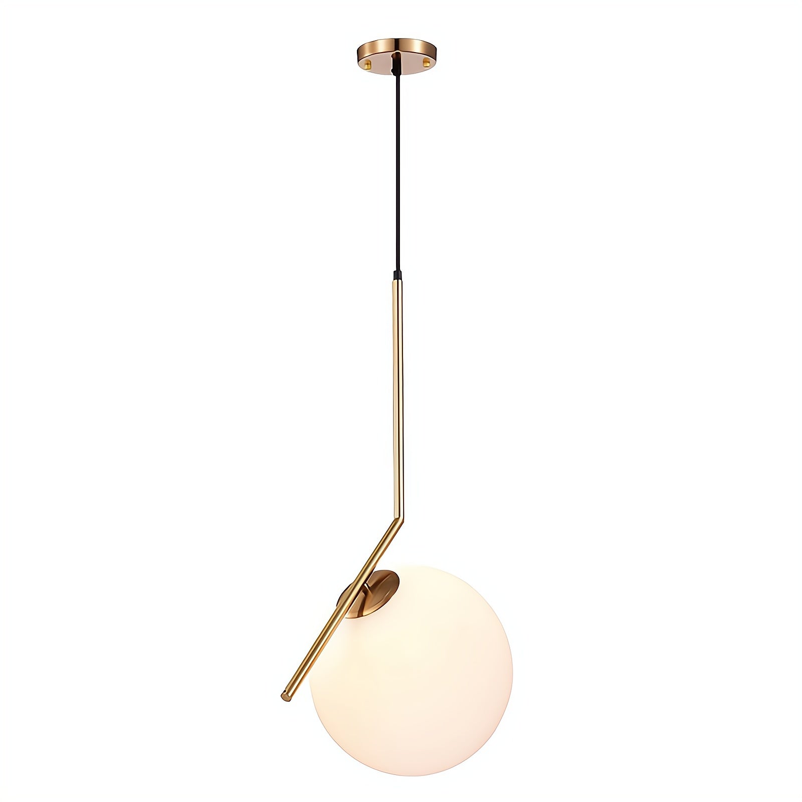 Modern pendant light with gold fixture and white glass shade on a white background